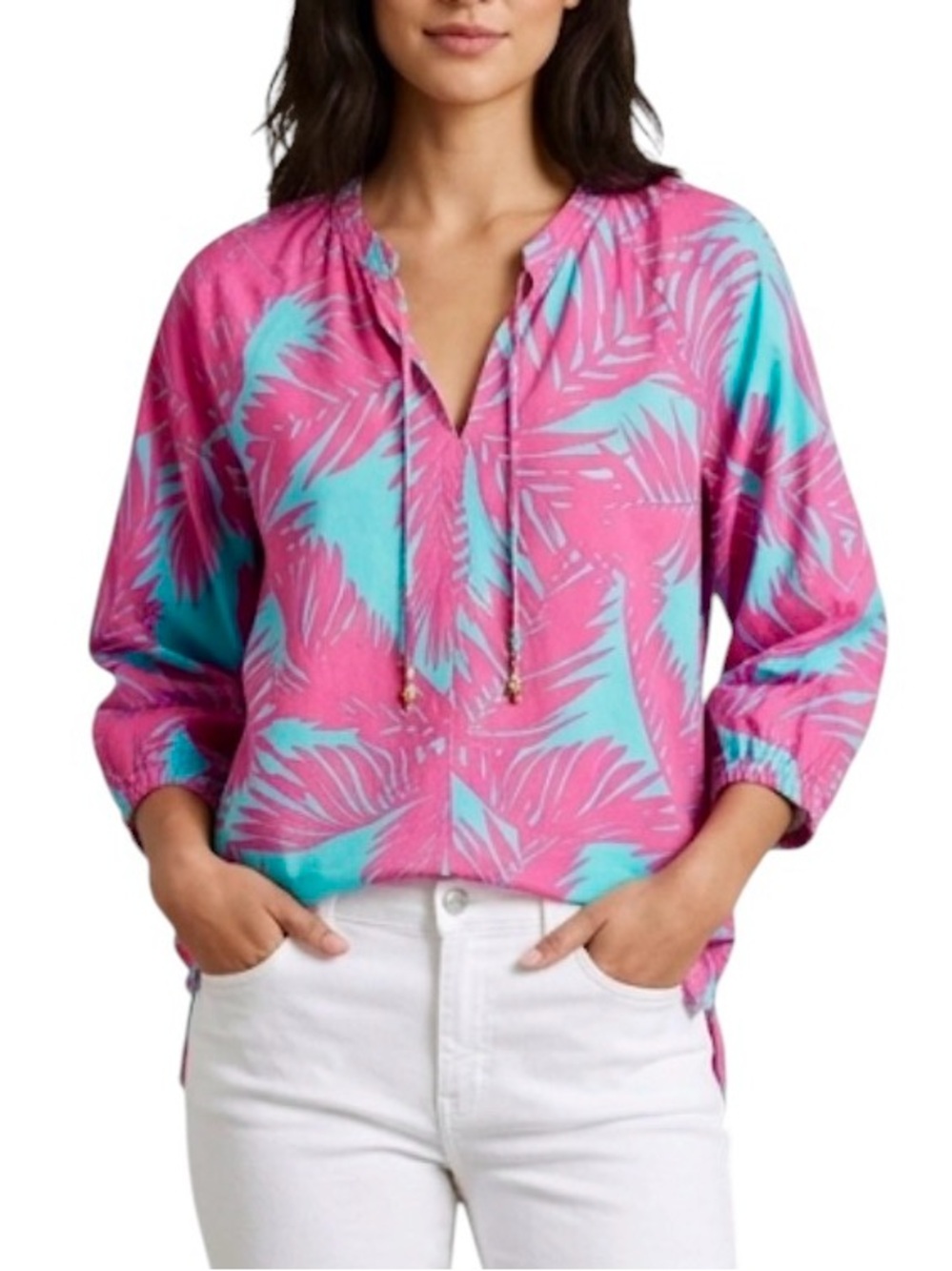 Escapada Women’s Tropical Pink Aqua Palm Print Pullover Size L Rayon Coastal